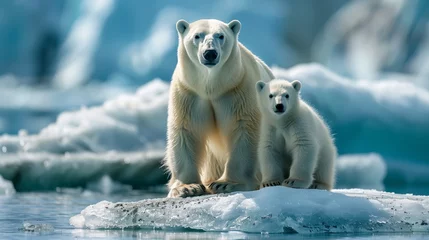  Polar bear and its cub stand on a melting ice floe, reflecting on the arctic waters. © Old Man Stocker