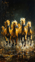 Obraz premium herd of golden akhal tekea horses golden oil painting, technical proficiency, landscape black background, academic art brighful,generative ai