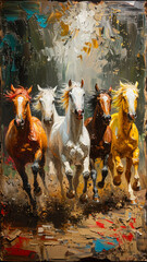 Obraz premium herd of golden akhal tekea horses golden oil painting, technical proficiency, landscape black background, academic art brighful,generative ai