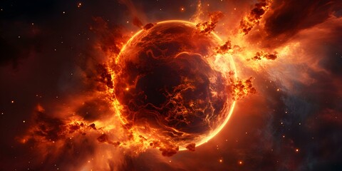 Exoplanet ablaze in flames showcases cosmic chaos. Concept Space, Exoplanet, Flames, Cosmic Chaos - obrazy, fototapety, plakaty
