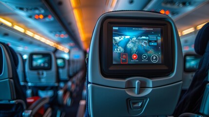 View of an in-flight entertainment screen mounted on an airplane seat back, showcasing various media options. - obrazy, fototapety, plakaty