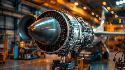 Jet engine disassembled and suspended in an aircraft hangar for maintenance, showcasing internal components.
