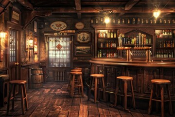 Fototapeta na wymiar Illustration of a pub with wooden walls, bar counter and chairs