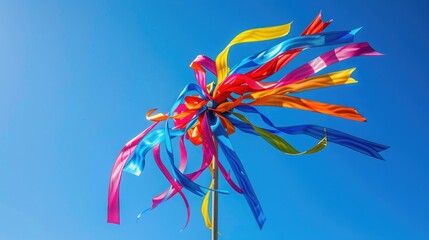 A detailed photograph capturing the texture and vibrant colors of a handmade May Day ribbon wand, with ribbons fluttering in the breeze against a clear blue sky, symbolizing freedom and joy