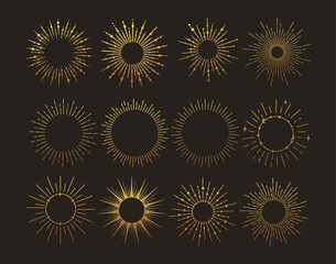 Sunburst gold vintage explosion. Handdrawn vector Design, magical Element. Fireworks collection. Bohemian sunrays linear icons and symbols for decoration
