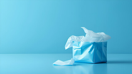 Light blue packaging with white wipes isolated on blue background. copy space. generative ai