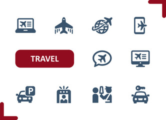 Travel Icons. Transportation, Tourism, Plane, Flight Booking, Car Parking, Rental Car, Airport Security Icon