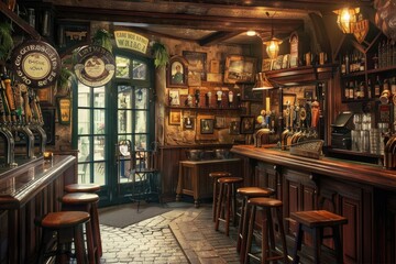 Illustration of a pub with wooden walls, bar counter and chairs - obrazy, fototapety, plakaty