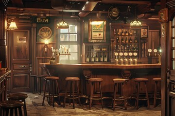 Illustration of a pub with wooden walls, bar counter and chairs - obrazy, fototapety, plakaty