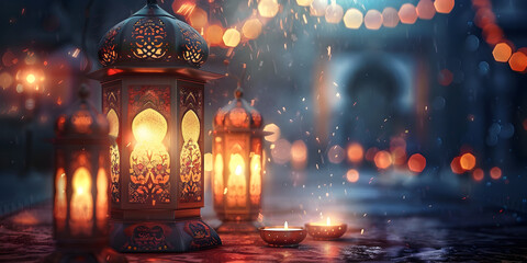 Lantern with bokeh background,Ramadan background ,traditional lantern generative AI 