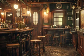 Foto op Plexiglas Illustration of a pub with wooden walls, bar counter and chairs © MrHamster