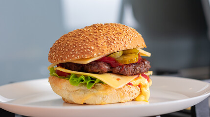 Cooking burger at home. Juicy hamburger beef cutlet, fresh salad and cherry tomatoes