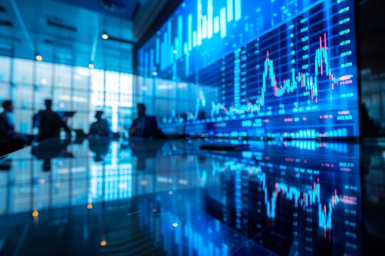 Blurry image of business professionals with overlay of stock market investment graph.
