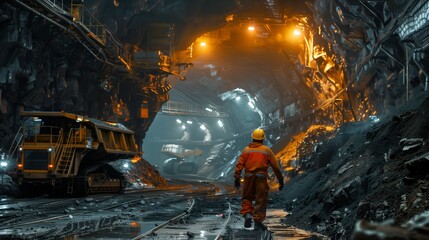 Miner in high visibility clothing walks towards heavy mining machinery in an underground tunnel.