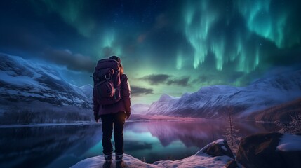 Woman in winter clothes , camping backpack watching nowhere in mountains under the northern lights aurora, winter polar landscape. Advertising of the travel clothing shoes brand, hiking equipment.