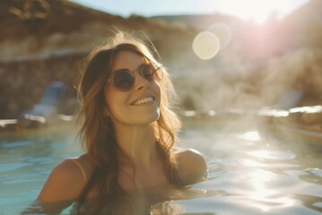 happy beautiful young caucasian woman relaxing in hot spring pool in the morning