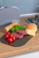 Beef cutlets for burger. Ingredients for prepare burger. Homemade burger