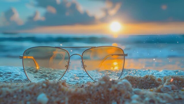 Stylish sunglasses on a sandy beach under the radiant sunlight and vast blue sky