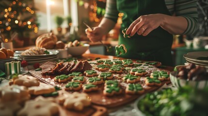 St. Patrick's Day. Hands garnishing a festive dish in preparation for a St. Patrick's Day feast, with a spread of traditional Irish food.