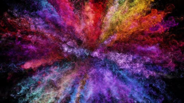 Cg animation of color powder explosion on black background. Slow motion movement with acceleration in the beginning and orbiting camera. Has alpha matte.