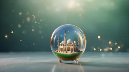 Cercles muraux Olive verte Islamic holiday celebration background with fairy mosque and desert landscape suitable for Ramadan, Eid al-Fitr or Hari Raya.