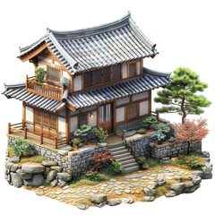house from the 1888 year in China, Korea, Japan isometric illustration isolated PNG