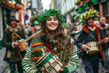 St. Patrick's Day. A young woman joyfully playing a drum, adorned in St. Patrick's Day attire, in the midst of a vibrant parade.