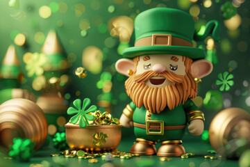 Saint Patrick's Day background with leprechaun, pot of gold and shamrock