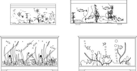 Vector sketch illustration of glass aquarium house interior decoration design with swimming fish and water plants