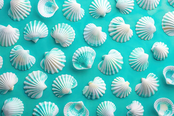 Sea shells on turquoise background, top view flat lay natural ocean marine collection tropical beach tropical vacation concept