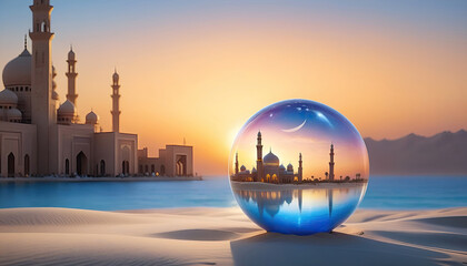 Islamic holiday celebration background with fairy mosque and desert landscape suitable for Ramadan, Eid al-Fitr or Hari Raya.