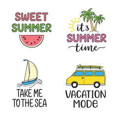 Set of compositions with hand lettered summer phrases and doodle elements