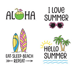 Set of compositions with hand lettered summer phrases and doodle elements