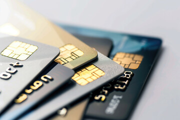 Pile of contemporary credit cards against a white backdrop