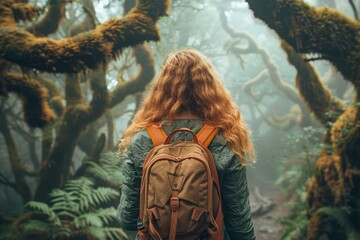 Adventurous Woman with Backpack Exploring Misty Enchanted Forest – A Journey Through Mysterious Wilderness