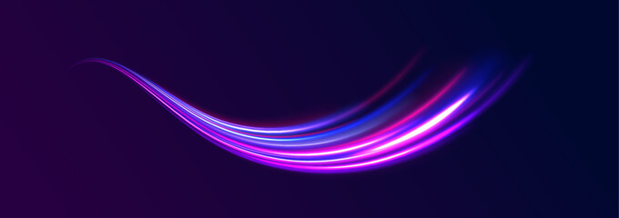 Purple glowing wave swirl. Light and stripes moving fast over dark background. Neon color glowing lines background, high-speed light trails effect.	