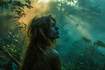 Mystical Forest Sunrise with Ethereal Woman Embracing Nature's Tranquility, Enigmatic Female amidst Morning Mist and Sunbeams