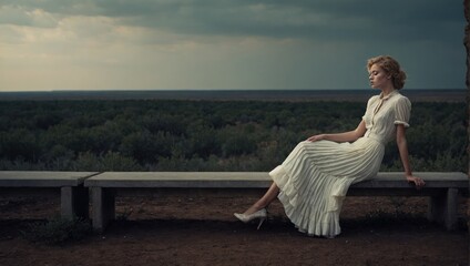 lonely girl in a white dress - obrazy, fototapety, plakaty