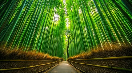 Enchanting Bamboo Forest Pathway Surrounded by Tall Green Bamboo Canes with Sunlight Filtering...