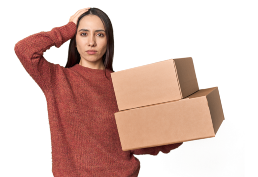 Caucasian young woman with moving boxes on studio background being shocked, she has remembered important meeting.