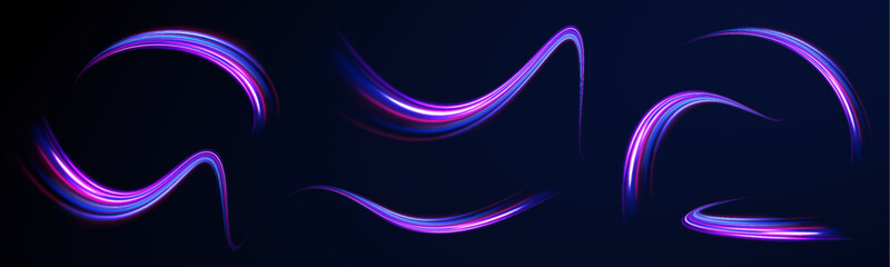 Purple glowing wave swirl. Light and stripes moving fast over dark background. Neon color glowing lines background, high-speed light trails effect.	