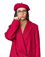 Stylish young Caucasian woman in red trench coat and beret on studio background with fingers on lips keeping a secret.