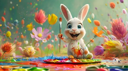 Easter Bunny Painting in the Field of Flowers