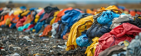 A heap of clothes in a landfill representing fast fashion waste includes various colors and styles. Concept Fashion Waste, Fast Fashion, Landfill Pollution, Clothing Overconsumption
