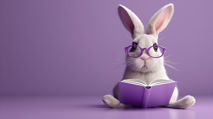 Rabbit in Glasses Reading a Book on a Purple Background