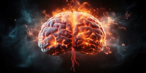 Side view of Brain on fire, exploding brain, disease concept like Parkinson's, Alzheimer's , dementia or Multiple Sclerosis