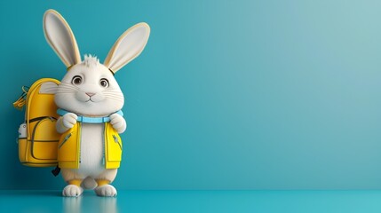 Cartoon Bunny Wearing Yellow Backpack on Blue Background
