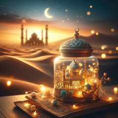 Islamic holiday celebration background with fairy mosque and desert landscape suitable for Ramadan, Eid al-Fitr or Hari Raya.