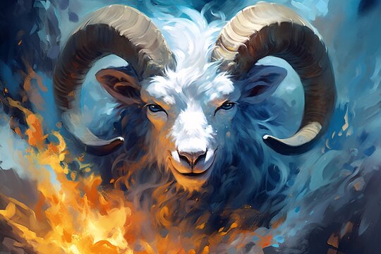 a painting of a ram with horns