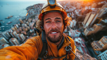 Daring worker in safety gear takes sunset selfie atop building, showcasing risky but essential maintenance work.generative ai